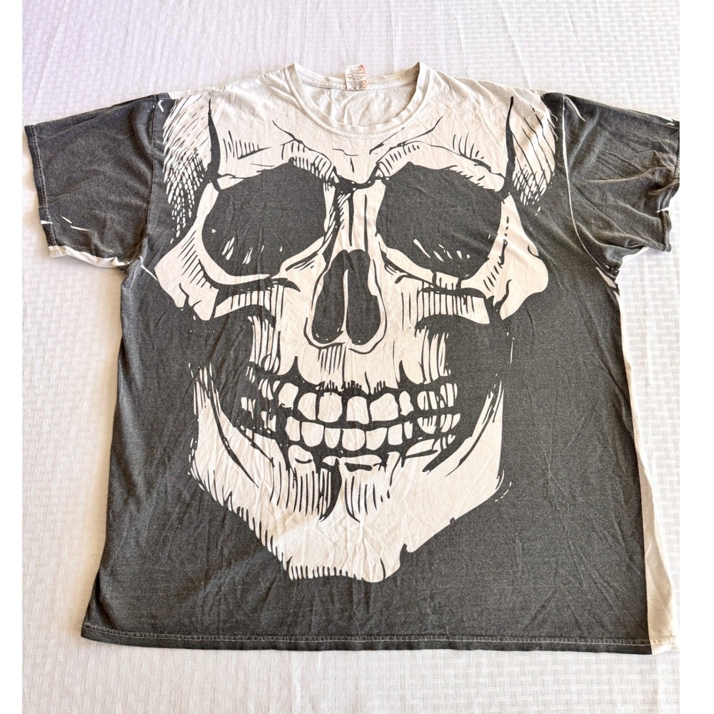Happy Halloween Skull Graphic T-Shirt Mens 2XL Oversized Black White Tee